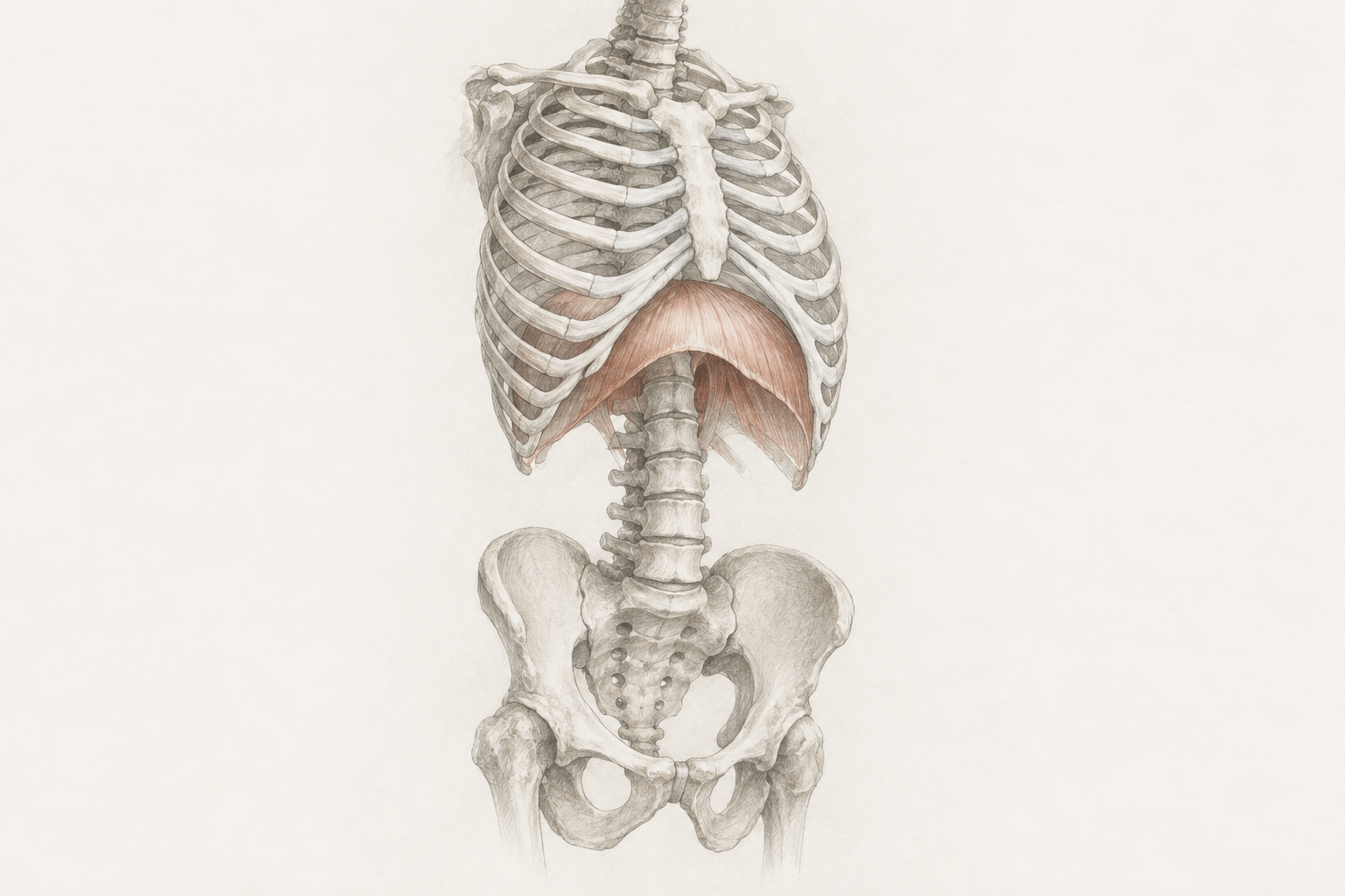 Anatomische Zeichnung von Brustkorb, Zwerchfell, Wirbelsäule und Becken