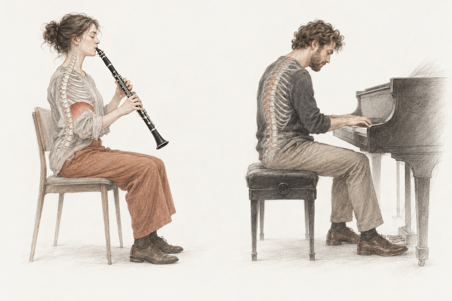 Gezeichneter Klarinettist und Pianist mit angedeuteten Rippen und Wirbelsäule